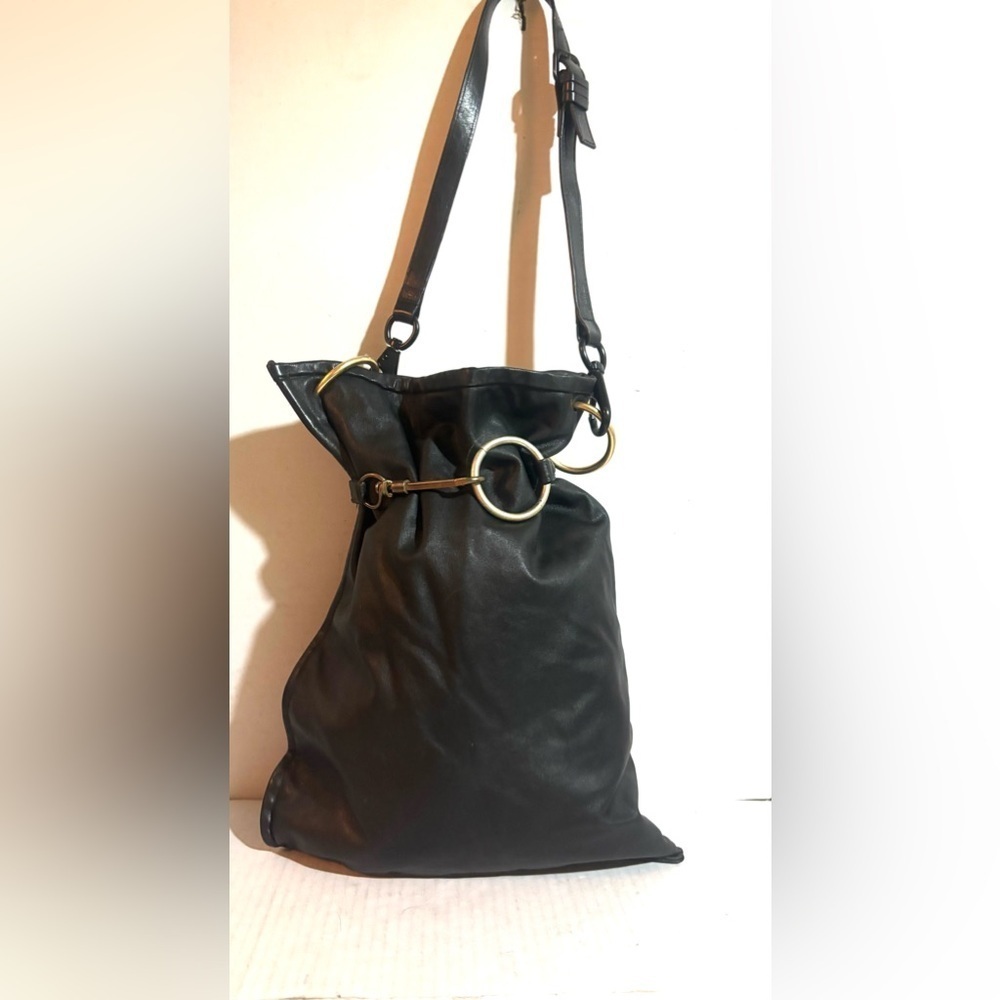 Handmade black leather shoulder handbag